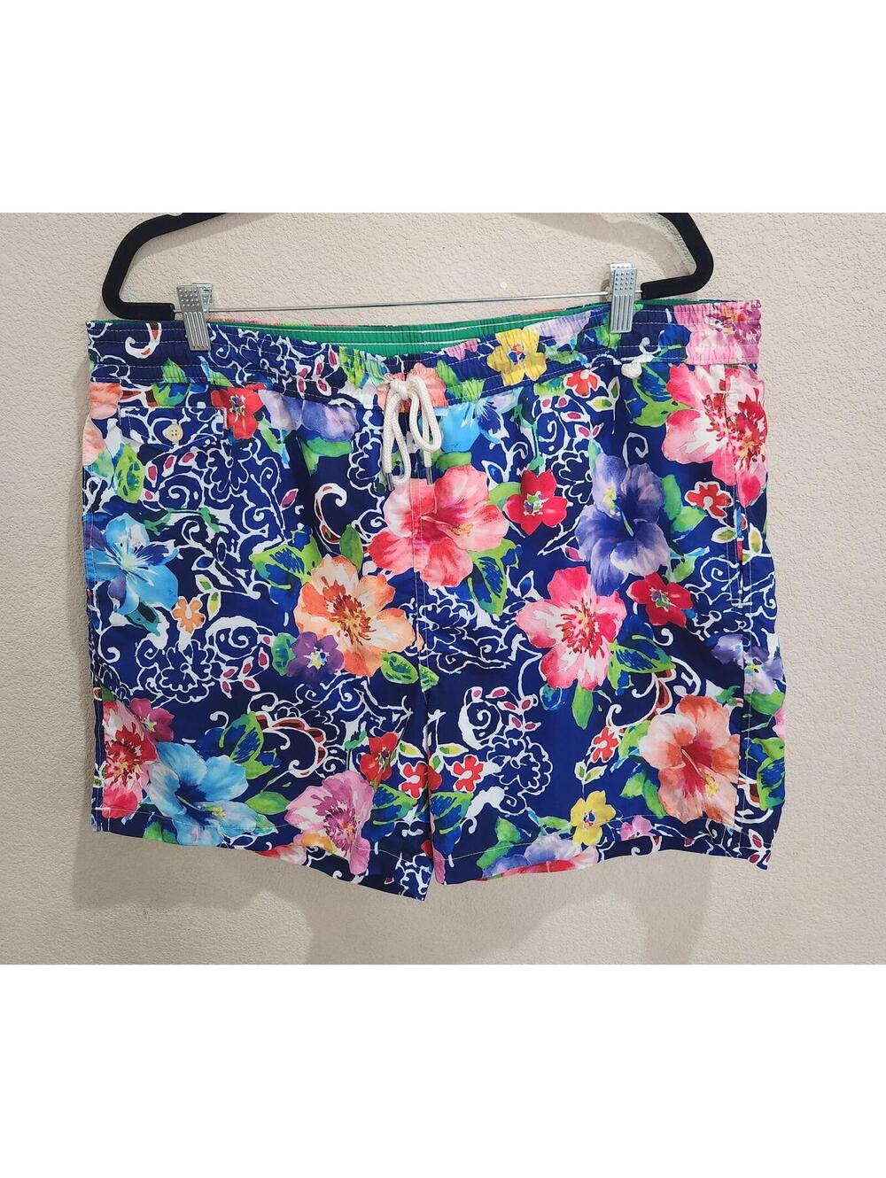 VTG Polo Ralph Lauren Swim Trunks Lined Tropical Floral Vivid Pastel 2XL Men's